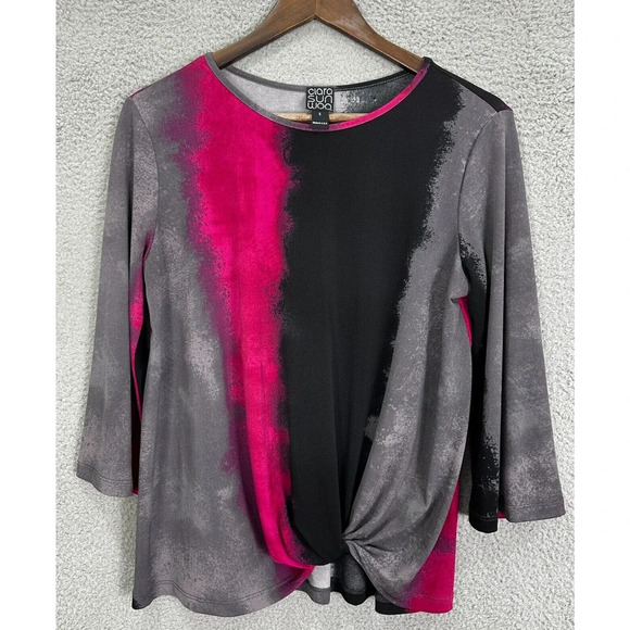 Clara Sun Woo Top Womens Small Gray Pink Ombre Tie Waist Oversized Boho Art‎ - Picture 1 of 6